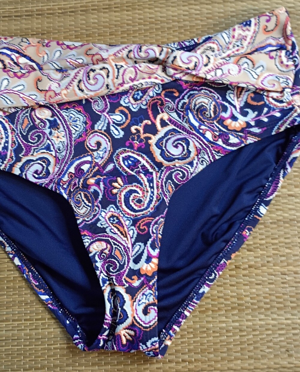 Lands' End Navy Paisley Bikini Bottom with Pink & Cream Trim